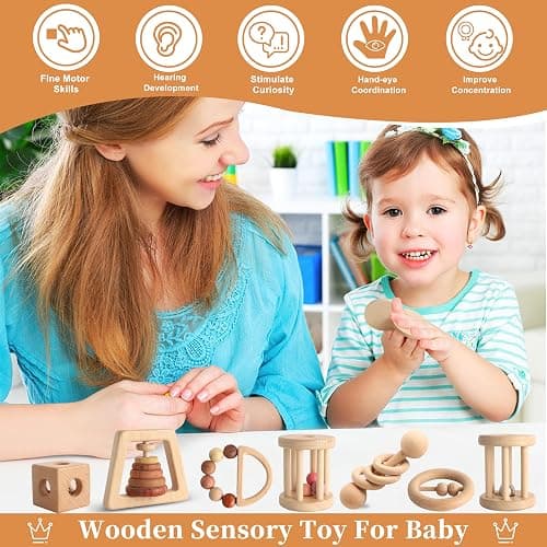 Wooden Baby Toy 8pcs, Montessori Toys for Babies 1-3 Years Old, Wooden Rattles Toy Set for Infant Grasping, Sensory Development, Gift for Baby Boys Girls (Natural Wood) thumbnail 3