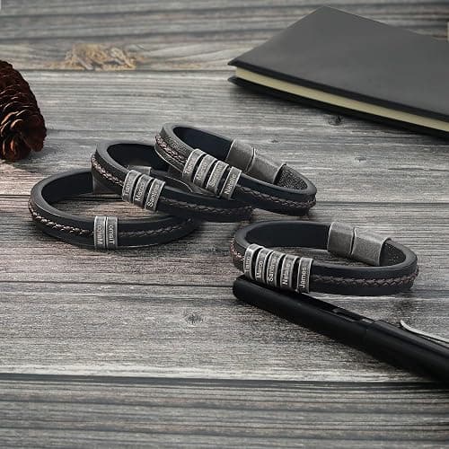 Personalized Custom Name Bracelets for Men - Mens Leather Bracelet with 2-5 Kids Names Customized Gifts for Dad Husband Son thumbnail 4