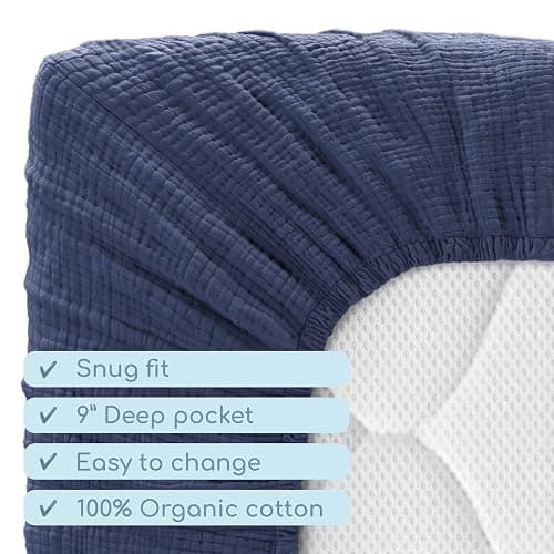 ROMY RO Muslin Crib Sheets, 100% Organic Cotton, Breathable and Ultra-Soft, Standard Crib Sheet Mattress (28"x 52") for Girls and Boys, Neutral Fitted Baby Crib Sheet (Navy) thumbnail 6