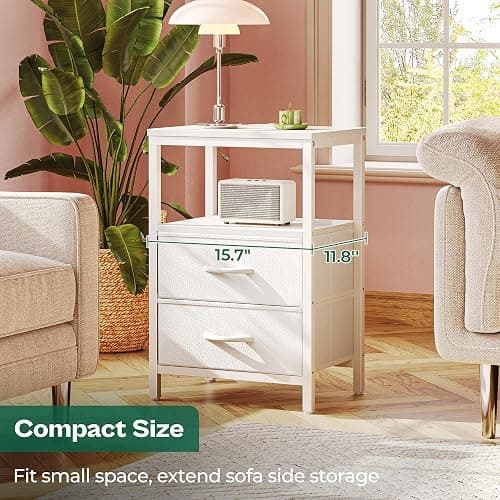 Huuger Nightstand with Charging Station, Side Table with 2 Fabric Drawers, End Table with Open Shelf, Bedside Table with USB-C Port and Outlets, Night Stand, PU Leather, White thumbnail 7
