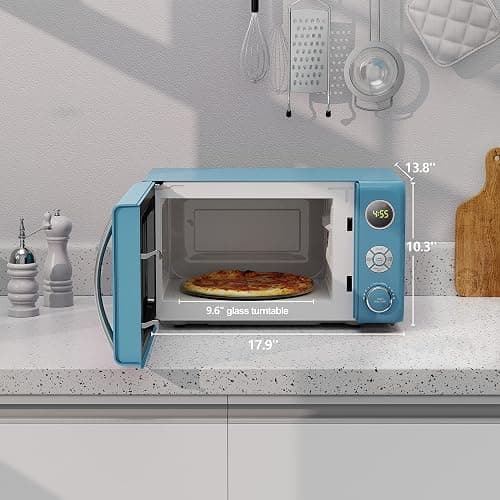 Galanz GLCMKA07BER-07 Retro Microwave Oven, LED Lighting, Pull Handle Design, Child Lock, Bebop Blue, 0.7 cu ft thumbnail 3