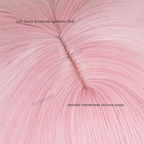 Half and Half Mado-ka Cosplay Wig Pink Anime Ponytail Wigs with Bangs Short Light Pink Cute Lolita Twin Tails Wig for Women Halloween Party Costumes thumbnail 4