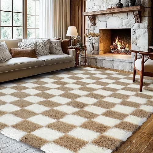 Ecoshag Soft Rugs for Living Room, 2x6 Ft Beige and White Checkered Fluffy Shaggy Rugs for Indoor Use, High Pile Ultra Fuzzy Rug for Bedroom Kids Nursery Rooms,Home Decor Aesthetic thumbnail 7