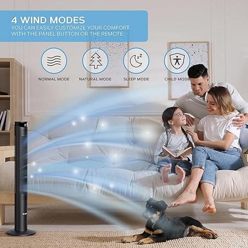 Air Pro Smart 46" Tower Fan- Oscillating Bladeless Fan with Remote - Tall Compact 3 Speeds Quiet Cooling Fan - Floor Standing Fan for Home and Office - LED Display, 4 Modes, 12Hour Timer - 46" - Black thumbnail 3