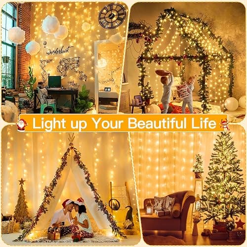 Ollny Christmas Curtain Lights 300 LED 9.8 FTx9.8 FT, Outdoor Waterproof Curtain String Lights with Remote Timer 8 Modes, USB Waterfall Window Lights for Wall Backdrop Home Decorations (Warm White) thumbnail 3