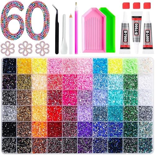 54000Pcs Bedazzling Kit, 60 Colors, 3mm AB Resin Jelly Rhinestones | Flatback gems with 3 B-7000 Glue Tubes, 60-Compartment Box, Tweezers and Trays for Tumblers, Phone Cases and DIY Crafts. - Image 1