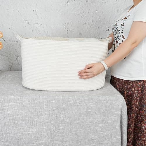 XUANGUO Large Rectangle Blankets Basket Living Room 22"x17"x12" Woven Cotton Rope Storage Baskets for Nursery Toy Baskets for Kids and Dogs Wicker Laundry Basket Bin for Clothes Towels white thumbnail 2