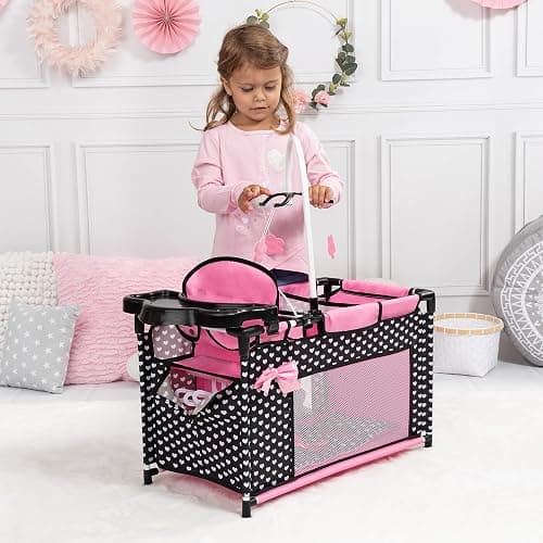Doll bed with integrated high chair, changing table, mobile, black, pink | changing table, mobile, clothes hanger, doll accessories for sleeping thumbnail 6