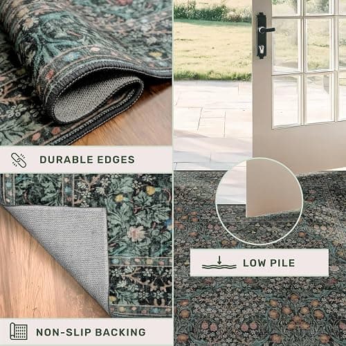 Dark Green 2'6" x 8' Runners for Hallways Non Slip, Extra Long Floor Runner for Kitchen, Entryway Indoor, Washable Rubber Backing Stain Resistant - Vintage Floral Décor thumbnail 4