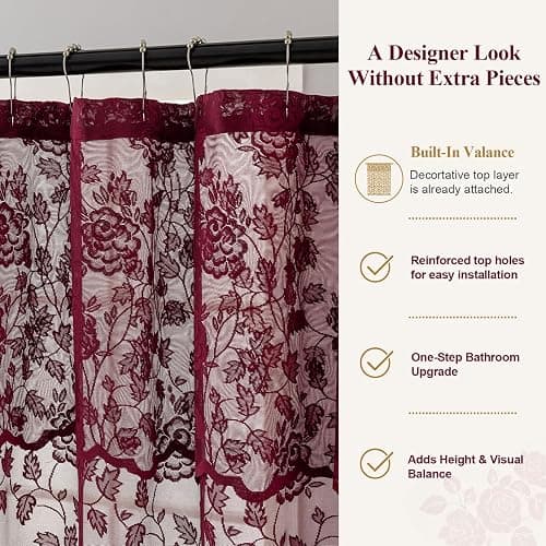 Burgundy Floral Lace Shower Curtain with Valance, 72 x 72 Inch, 1 Panel | Victorian Romance, French Country Charm, Shabby Chic Accent, Soft Light Diffusion, Rich Bath Decor, Subtle Privacy thumbnail 3