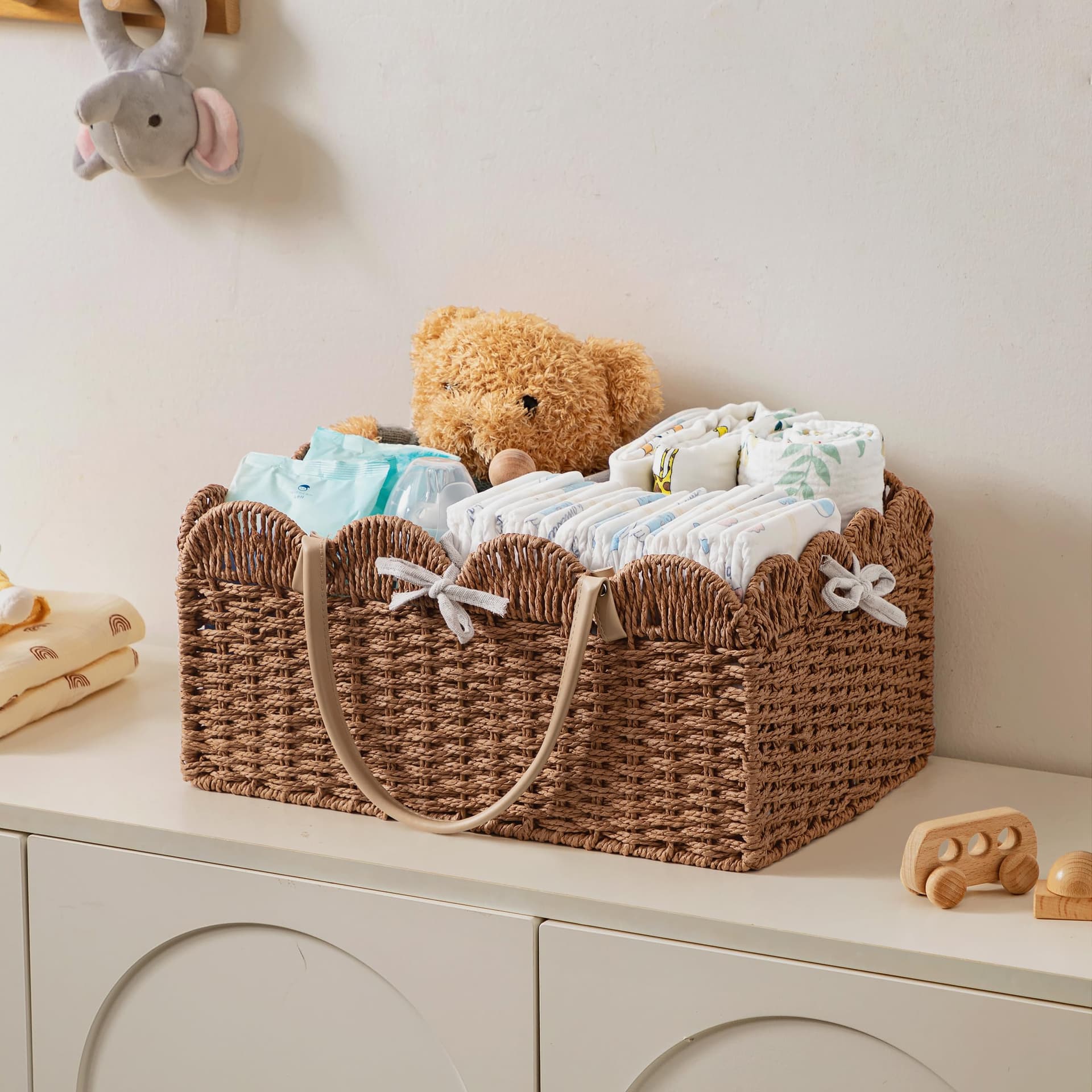 HBlife Large Baby Diaper Caddy, Paper Rope Storage Baskets Nursery Bin with Removable Divider, Portable Car Organizer for Diapers, Baby Shower Gifts, Newborn Essentials Must Haves thumbnail 4
