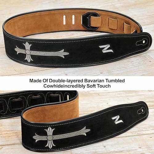 Nefelibata Guitar Strap with Crucifixion Embroidery, 2.7" Wide Double Layer Bavarian Tumbled Cowhide Guitar Strap with Foam Padding for Kids, Male and Female, Acoustic, Bass and Electric Guitars thumbnail 5