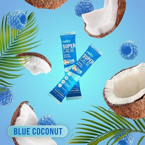 Nello Supercalm Drink Mix with Magnesium Glycinate, KSM 66 Ashwagandha, Vitamin D3 and L Theanine, Calm Powder Supplements for Relaxation Support, No Sugar, Travel Packets, 20 Ct, Blue Coconut thumbnail 2