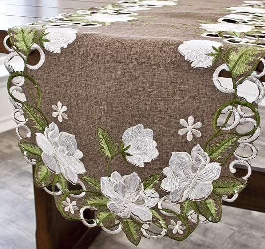 Beautiful White Magnolia Floral Design and Green Leaves Embroidered Cutwork Edges on Brown Polyester Linen, Table Runner, Dresser Scarf (14Wx51.5L) thumbnail 6