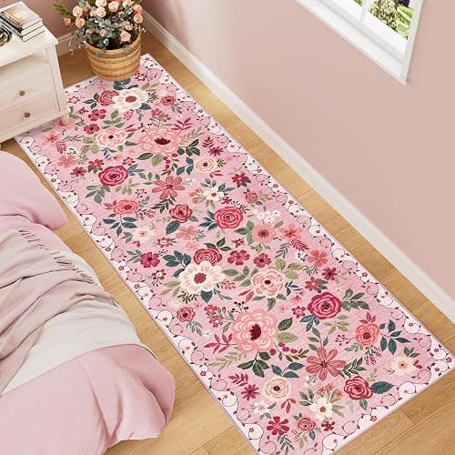 DUKINO 2x6 Kitchen Runner Rug for Hallway, Washable Runner Rug with Non Slip Backing, Low Pile Soft Boho Floral Carpet for Girls Room, Kitchen, Entryway, Laundry, Bedroom, Pink thumbnail 2