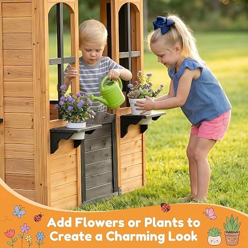 Aoxun Kids Outdoor Playhouse Wood Play House for Kids Ages 3-8 withPet Door | Backyard Cottage Playhouse with Play Kitchen,Snack Bar,Blackboards,Flowerpots,Children Toddler Playground Playset for Garden thumbnail 5