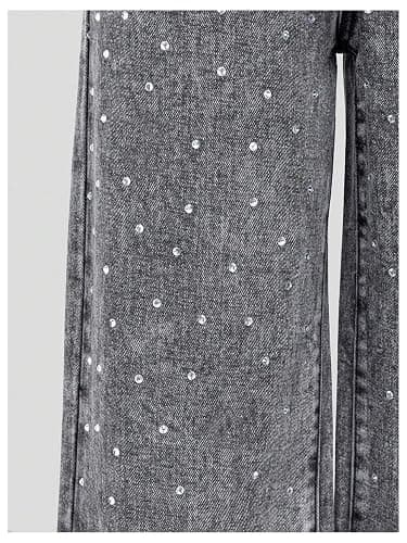 WDIRARA Girl's Sparkly Rhinestone Baggy Jeans High Waisted Washed Wide Leg Denim Pants thumbnail 5