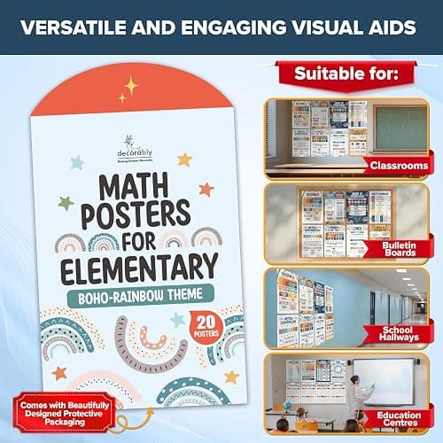 Decorably 20 Boho Rainbow Math Posters for Elementary School, 11x17in | Boho rainbow classroom decor, matte-laminated math posters for 2nd to 5th grade bulletin boards, hallways, and homeschool thumbnail 8