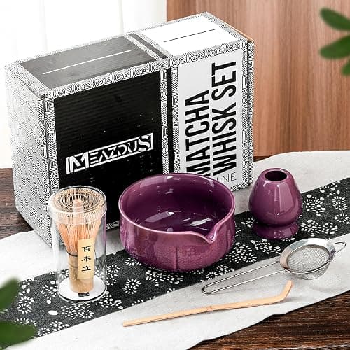 MEAZDUS Matcha Whisk Set – 5 Piece Japanese Matcha Tea Set w/Ceramic Matcha Bowl, 100-Prong Bamboo Whisk & Holder, Scoop, & Stainless Sifter – Traditional Matcha Making Kit (Midnight Purple) thumbnail 8