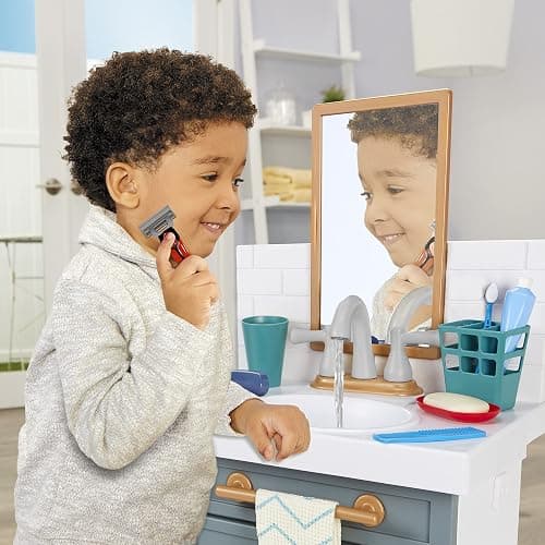 Little Tikes First Bathroom Sink with Real Working Faucet Pretend Play for Kids, 12 Bathroom Accessories, Interactive Unique Toy Multi-Color, Ages 2+ Grey thumbnail 6
