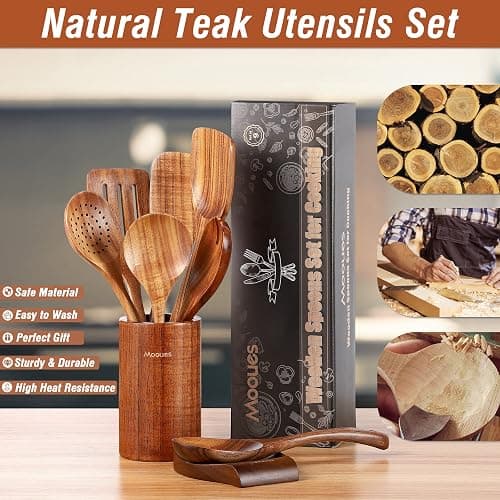 Mooues 9 Piece Natural Teak Wooden Kitchen Utensil Set with Spoon Rest - Comfort Grip Cooking Spoons and Utensils Holder thumbnail 3