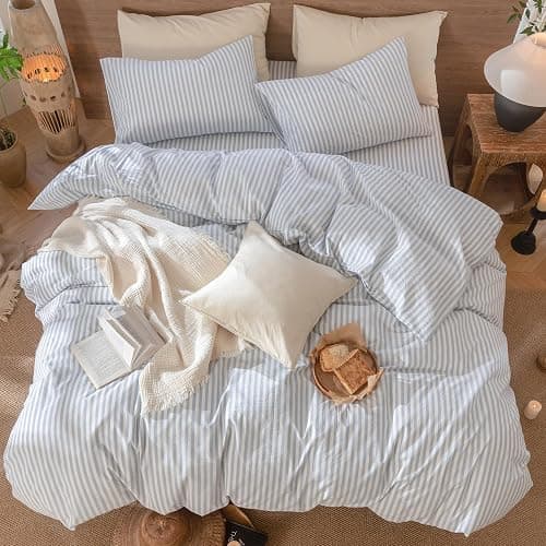 MooMee Striped Duvet Cover Set 100% Washed Cotton Linen Like Textured Breathable Durable Soft Comfy (Cornflower Blue White Classic Stripes, Twin 68"x90") thumbnail 5