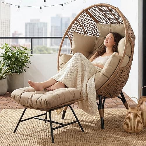 NICESOUL Egg Chair Indoor Outdoor, Large Egg Lounge Chair w/Ottoman, Oversized Comfy Cushioned Brid Cage Seat 440lbs, Boho Nest Seat with Footstool for Patio, Bedroom, Lawn, Backyard, Brown - Image 1