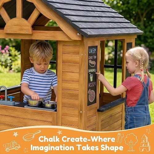 Aoxun Kids Outdoor Playhouse Wood Play House for Kids Ages 3-8 withPet Door | Backyard Cottage Playhouse with Play Kitchen,Snack Bar,Blackboards,Flowerpots,Children Toddler Playground Playset for Garden thumbnail 6