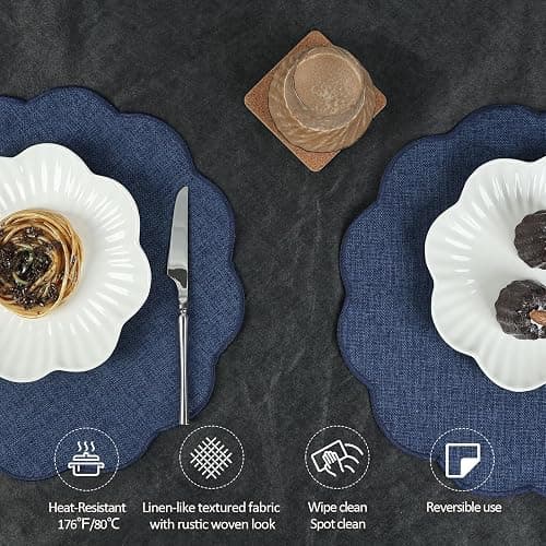 AHHFSMEI Round Faux Linen Placemats Set of 4 Waterproof Table Mats Heat Resistant Non-Slip and Stain Proof for Kitchen Dining Elegant Decor (Navy Blue,4) thumbnail 4