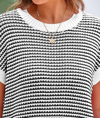 PRETTYGARDEN Womens Short Sleeve Sweater Spring Summer 2025 Round Neck Striped Pullover Cap Sleeve Knit Sweater Vest Tops thumbnail 7
