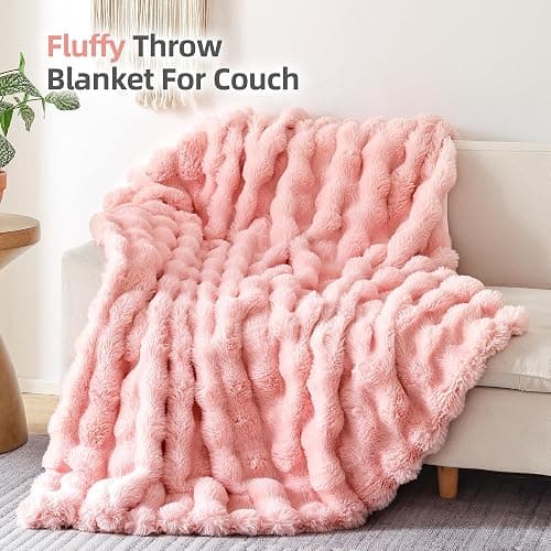 Smoofy Faux Fur Blanket Rabbit Fleece - Blush Pink Fluffy Blanket for Sofa, Cozy Soft Plush Throw Blanket for Couch Bed, Luxury Thick Fuzzy Couch Blanket for Winter, Comfy Bubble Blanket - 50" x 60" - Pink - Throw(50" x 60") thumbnail 3