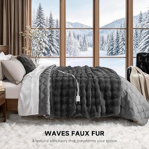 SMRISS Faux Rabbit Fur Bubble Heated Throw Blanket,Darkgrey,50"x62" | Certified by ETL/UL,FCC,OEKO-TEX,12 Heat Levels,5 Time Settings(Up to 8H) Auto-Off,Overheat Protection,Machine Washable thumbnail 5