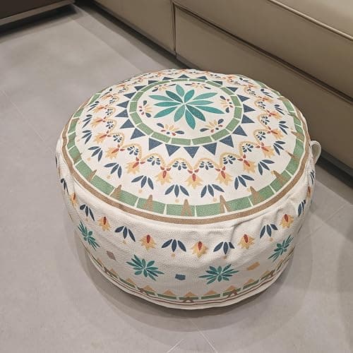 MOCOFO Round Bohemian Ottoman Pouf Cover, 18 Inch, Cotton Blend, Church Window Print, Living Room Storage Footrest, Cover Only (Green Diamond) thumbnail 8