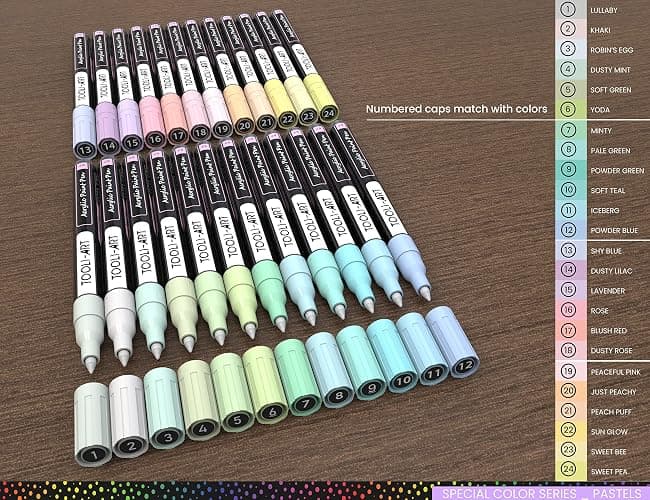 TOOLI-ART 24 marqueurs de peinture acrylique pastel avec pointe extra fine de 0,7 mm pour peindre sur la roche, le verre, le bois, le métal, la toile, les détails, non toxique, à séchage rapide. thumbnail 5