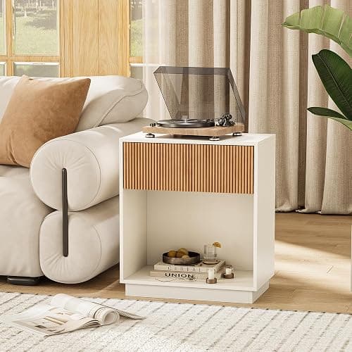 Fluted Nightstands Set of 2, Modern Bedside Table with Drawer and Storage Shelf, Wood End Table Mid Century Night Stands for Bedroom Living Room Sofa Couch Office (White+Oak) thumbnail 9