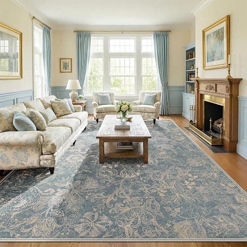 Deerly Large Rug 8x10 for Bedroom Washable Floral Farmhouse, Dusty Blue | Vintage Tranditional Rug, Non Slip, Low Pile, Thin Floor Decor Soft Decorative Rug for Home Office, Living Room, Dining Room thumbnail 3