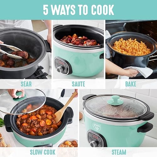 GreenLife 6QT Ceramic Slow Cooker, PFAS-Free, Programmable, Removable Healthy Nonstick Pot for Family Meals, Sear on Stovetop, Keep Warm, Digital Timer, Dishwasher Safe Crock, Turquoise thumbnail 5