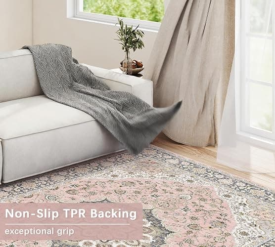 jxgzyy Washable Area Rug 5x7, Non Slip Living Room Rug, Large Low Pile Soft Carpet Pet Friendly Home Decor for Bedroom Dining, Pink thumbnail 4