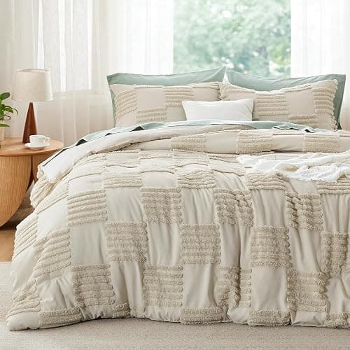 Bedsure King Size Comforter Set Linen, Boho Tufted Bed Set, Grande Checkered Farmhouse Shabby Chic Bedding, 3 Pieces, 1 Plaid Geometric Comforter and 2 Pillow Shams - Image 1