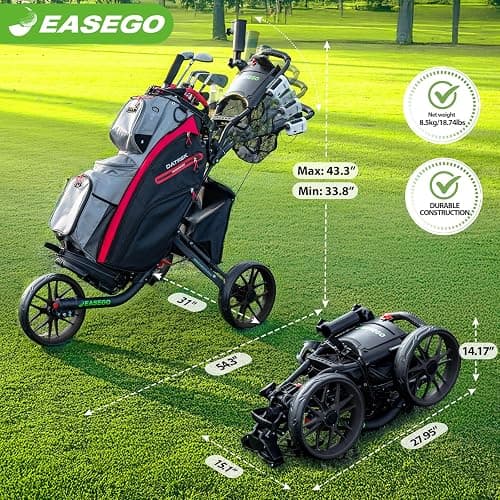 EASEGO Golf Push Cart 3 Wheel : Golf Caddy Pull Cart, One Click Folding Golf Bag Cart Lightweight Compact Golf Trolley with Cooler Bag, Umbrella, Cup & Phone Holder for Different Terrain thumbnail 9