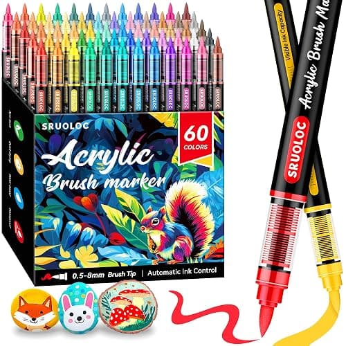 SRUOLOC 60 Colors Acrylic Paint Markers, Brush Tip Automatic Ink Control Acrylic Paint Pens for Rock Painting, Canvas, Wood, Ceramic, Glass, Stone, Fabric, DIY Crafts Textile & Art Supplies - Image 1