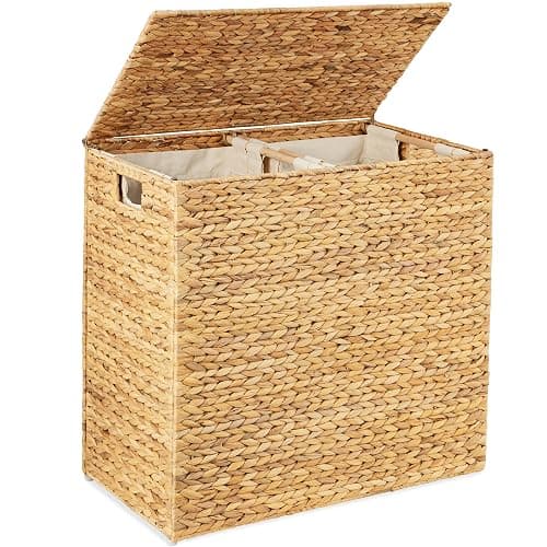 Best Choice Products Large Double Laundry Hamper with Lid, Natural Handwoven Water Hyacinth, 2 Sections w/ 2 Machine Washable Linen Liner Bags, Portable, Handles - Natural - Natural - Large - Image 1