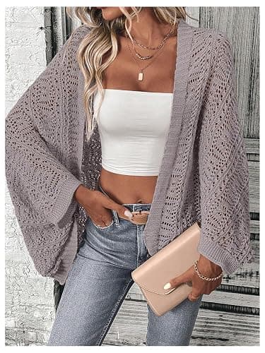 SHENHE Women's Open Front Loose Hollow Out Casual Dolman Sleeve Asymmetrical Cardigan Sweater Spring Outerwear thumbnail 5