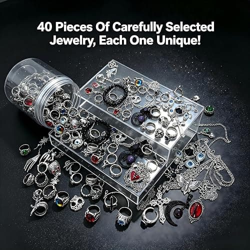Ggnepiuhzy Mystery Jewelry Jar - 40 Pcs Gothic Jewelry Surprise Box for Women, Dark Romantic Necklaces Earrings Rings Bracelets Set, Unique Gift for Her, Alternative Vintage Style thumbnail 3