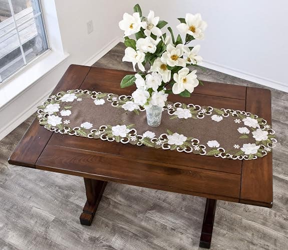 Beautiful White Magnolia Floral Design and Green Leaves Embroidered Cutwork Edges on Brown Polyester Linen, Table Runner, Dresser Scarf (14Wx51.5L) thumbnail 2