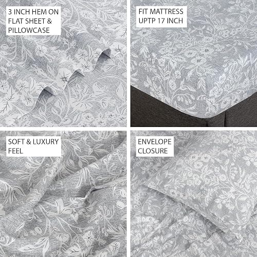 Feather & Stitch 300TC Queen Size 100% Cotton Sateen Weave Printed Sheet Set, Cooling & Breathable Bed Sheets Set, 4 Piece 16" Elastic Deep Pockets, Soft Hotel Quality- Queen, Grey Floral thumbnail 5