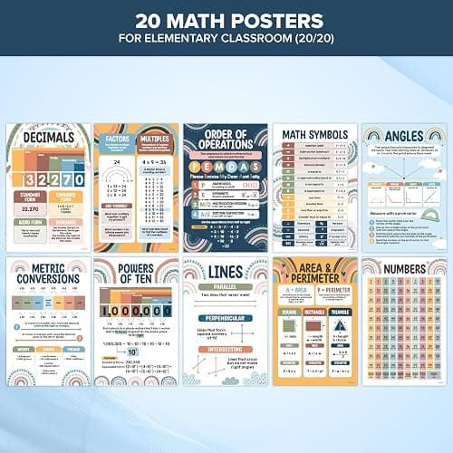Decorably 20 Boho Rainbow Math Posters for Elementary School, 11x17in | Boho rainbow classroom decor, matte-laminated math posters for 2nd to 5th grade bulletin boards, hallways, and homeschool thumbnail 7