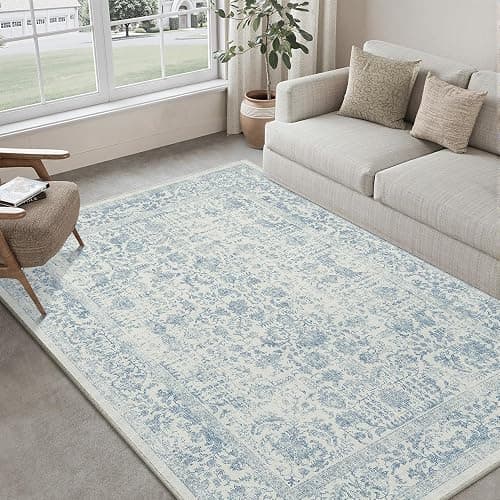 PureCozy Blue Area Rug 5x7 Machine Washable Vintage Living Room Distressed Non Slip Carpet Traditional Indoor Bedroom Retro Floral Accent Throw Large Rug Office Kitchen Bathroom Dining Room | Machine Washable, Non Slip, Blue, Large, Vintage, Traditional, Distressed, Indoor, Retro, Accent - Image 1