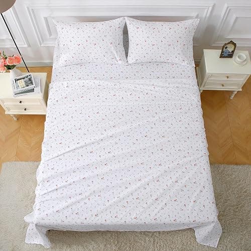 Softan Pink Floral Full Sheet Set Flower Printed Bed Sheets Double - 4 Piece Microfiber Patterned Fitted Bed Sheets with 15" Deep Pocket & Straps, Cozy Cute Pink Sheets and Pillowcase Set thumbnail 7