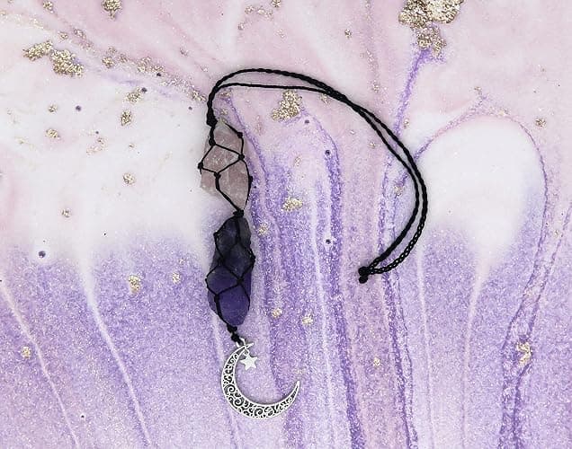 BOHO GARDEN Crystal Hanging Car Charm - Purple Rear View Mirror Hanging Car Accessories for Women, Moon Decor Hanging Ornament, Witchy Gifts and Healing Stones - Rose Quartz & Amethyst thumbnail 5